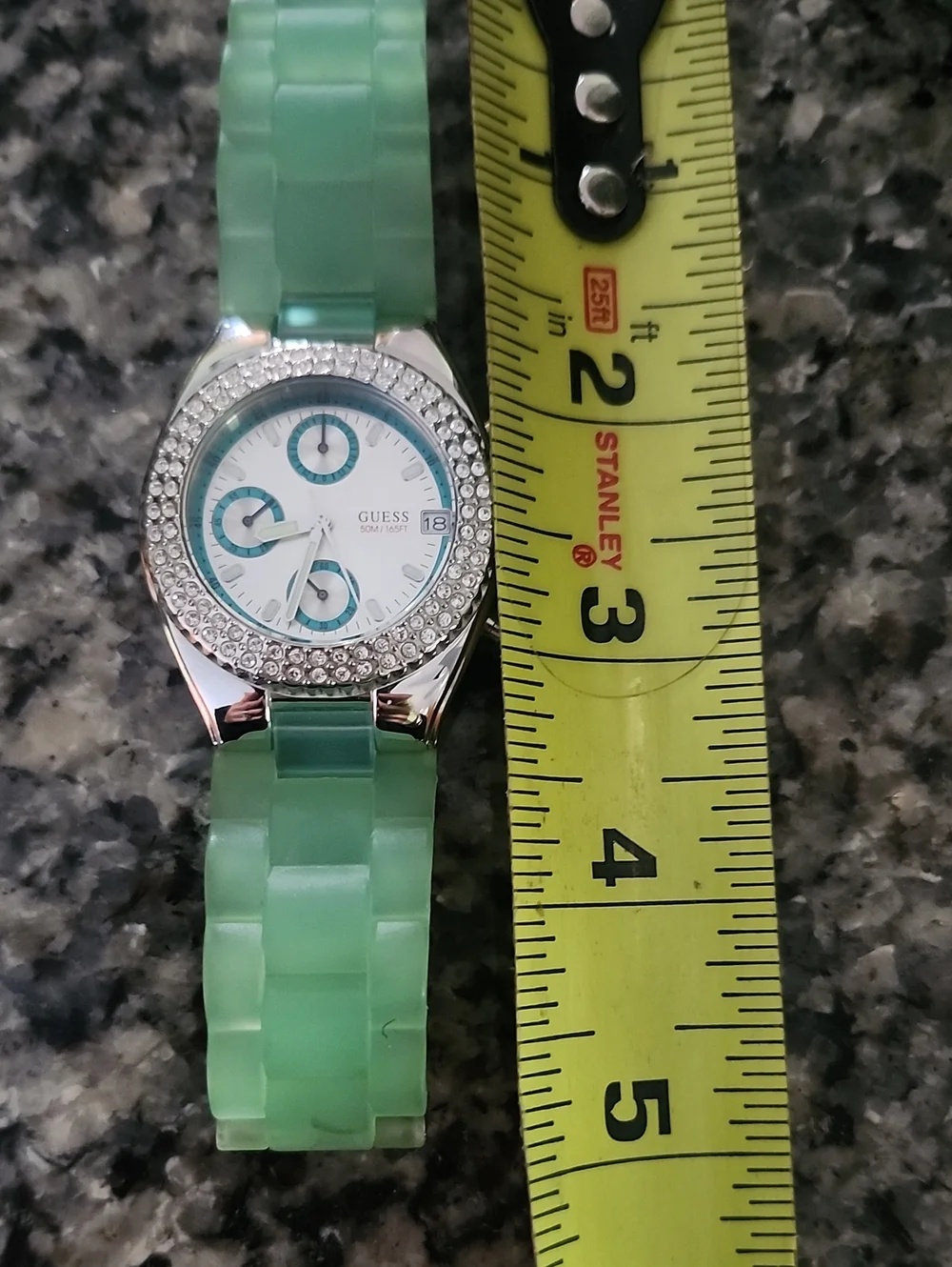 NIB GUESS Chronograph Swarovski Crystal Bezel Aqua Green Strap-